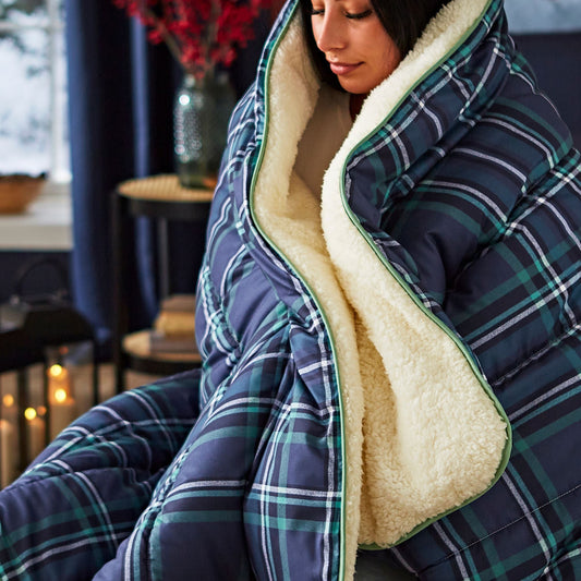 Night Lark® Cosy Sherpa Throw Classic Tartan Navy Lifestyle