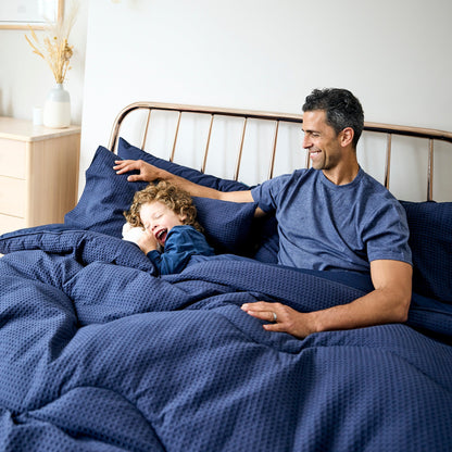 Night Lark Pure Cotton Waffle Coverless Duvet Navy family