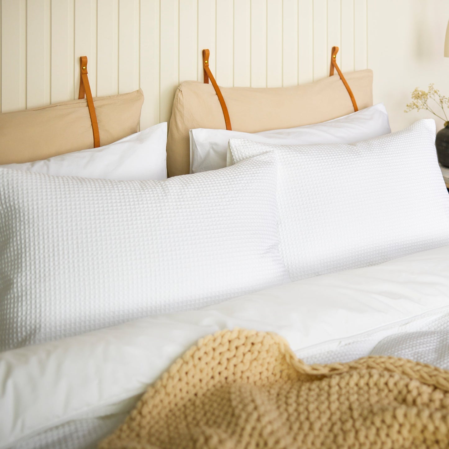 Night Lark/ Night Owl  Natural 100% Cotton Waffle Pair of Pillowcases In White Lifestyle
